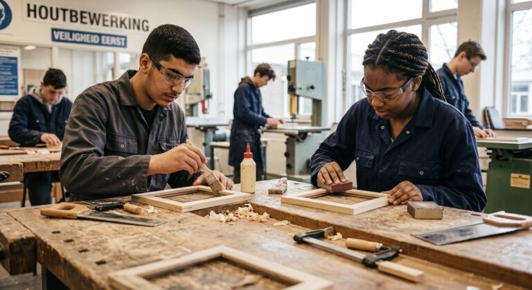 Leerling maakt een houten fotolijst - workshop houtbewerking